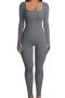 plus size pure color stylish stretch slim thumb hole ribbed knit jumpsuit_Black_White_Dark Gray