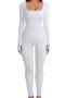 plus size pure color stylish stretch slim thumb hole ribbed knit jumpsuit_Black_White