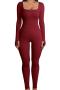 plus size pure color stylish stretch slim thumb hole ribbed knit jumpsuit_Black_White_Dark Gray_Rose Red