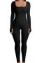 plus size pure color stylish stretch slim thumb hole ribbed knit jumpsuit_Black