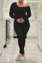 stylish plus size slight stretch simple solid color thumb hole slim jumpsuit_Black