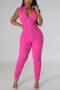 sexy plus size slight stretch solid color stand collar zip-up jumpsuit_Black_Red_Magenta