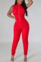 sexy plus size slight stretch solid color stand collar zip-up jumpsuit_Black_Red