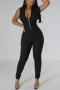 sexy plus size slight stretch solid color stand collar zip-up jumpsuit_Black