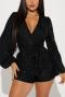 stylish plus size slight stretch solid color sequins belt v-neck playsuit_Black