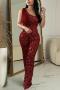 sexy plus size slight stretch 5 colors sequin decor one shoulder jumpsuit_Black_Red_Rose Red