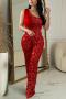 sexy plus size slight stretch 5 colors sequin decor one shoulder jumpsuit_Black_Red