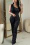 sexy plus size slight stretch 5 colors sequin decor one shoulder jumpsuit_Black