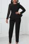 plus size pure color slight stretch zip-up elegant mesh beading jumpsuit_Black