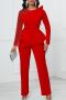 plus size pure color slight stretch zip-up elegant mesh beading jumpsuit_Black_White_Red
