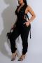 sexy plus size slight stretch solid color zip-up pocket hollow jumpsuit_Black