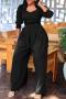 casual plus size slight stretch solid color square jumpsuit_Black