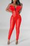 sexy plus size slight stretch mesh rhinestone feather tight jumpsuit_Black_Red
