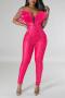 sexy plus size slight stretch mesh rhinestone feather tight jumpsuit_Black_Red_Magenta