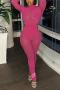sexy slight stretch mesh stitching rhinestone decor hollow crew neck jumpsuit_Black_Magenta