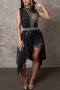 sexy plus size slight stretch stitching mesh rhinestone decor playsuit_Black