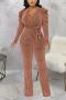 sexy plus size slight stretch solid color deep v belt jumpsuit_Pink