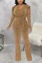 sexy plus size slight stretch solid color deep v belt jumpsuit_Pink_Gold