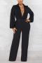 sexy plus size non-stretch solid color deep v jumpsuit_Black