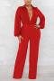 sexy plus size non-stretch solid color deep v jumpsuit_Black_Red