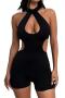 sexy slight stretch sleeveless pure color hollow playsuit_Black