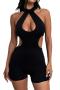 sexy slight stretch sleeveless zip-up hollow playsuit_Black