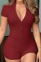 plus size pure color stretch single breasted stylish slim ribbed knit playsuit_Black_Gray_Rose Red