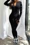 plus size pure color 6 colors high stretch zip-up slim casual jumpsuit_Black