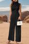 summer pure color new stylish non-stretch zip-up casual jumpsuit_Black