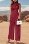 summer pure color new stylish non-stretch zip-up casual jumpsuit_Black_Rose Red