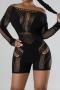 sexy high stretch solid color see-through hollow playsuit_Black