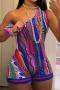 sexy slight stretch multicolor fixed printing one shoulder playsuit_Magenta