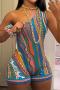 sexy slight stretch multicolor fixed printing one shoulder playsuit_Magenta_Blue