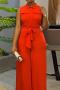 casual plus size slight stretch solid pockets sleeveless jumpsuit(with belt)_Orange