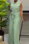 casual plus size slight stretch solid pockets sleeveless jumpsuit(with belt)_Orange_Light Green
