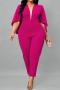 stylish plus size non-stretch solid color v-neck pocket jumpsuit_Black_Magenta