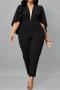 stylish plus size non-stretch solid color v-neck pocket jumpsuit_Black
