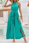 stylish non-stretch solid color halterneck tie slit jumpsuit(with belt)_Pink_Red_Aqua Green