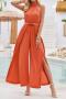 stylish non-stretch solid color halterneck tie slit jumpsuit(with belt)_Pink_Red