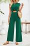 new sexy slight stretch solid color hollow crew neck short sleeve jumpsuit_Black_Gray_Dark Green