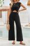 new sexy slight stretch solid color hollow crew neck short sleeve jumpsuit_Black