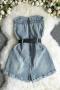 sexy slight stretch solid color strapless rhinestone slim belt denim playsuit_Black_Sky Blue
