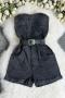 sexy slight stretch solid color strapless rhinestone slim belt denim playsuit_Black