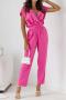 casual plus size non-stretch 4-colors v-neck pocket belt short-sleeved jumpsuit_Black_White_Magenta