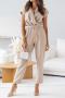 casual plus size non-stretch 4-colors v-neck pocket belt short-sleeved jumpsuit_Black_White_Magenta_Beige