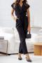 casual plus size non-stretch 4-colors v-neck pocket belt short-sleeved jumpsuit_Black