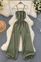 casual non-stretch solid color pockets slim long wide-leg suspender jumpsuit_Black_White_Dark Green