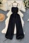 casual non-stretch solid color pockets slim long wide-leg suspender jumpsuit_Black