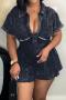casual slight stretch deep v-neck short sleeve pleated slim playsuit_Black