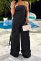 new sexy plus-size non-stretch 5-color patchwork multi-pocket suspender jumpsuit_Black